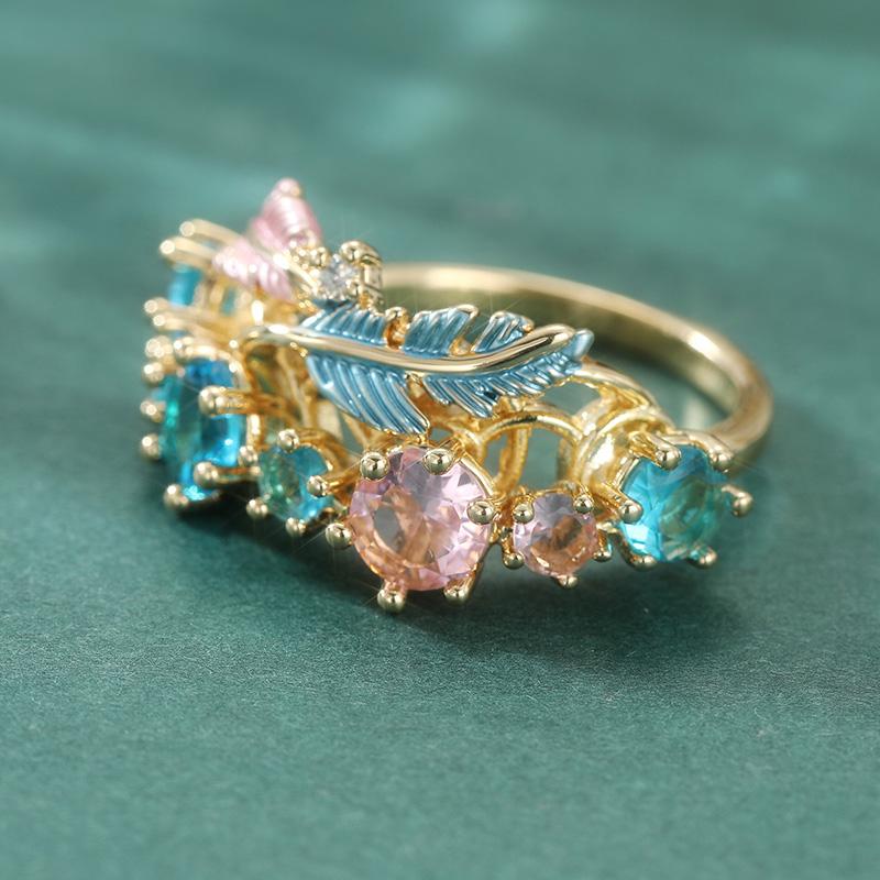 Gorgeous Inlaid Sea Blue CZ Leaves Enamel Women's Ring Gold Color Hand Carving Daily Wear Party Jewelry Anniversary Gift