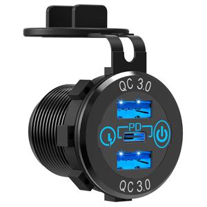 Car USB Charger Socket Metal 60W Car Charger 12V 24V USB Outlet PD USB-C & Two QC3.0 Ports Touch Switch for Boat Marine