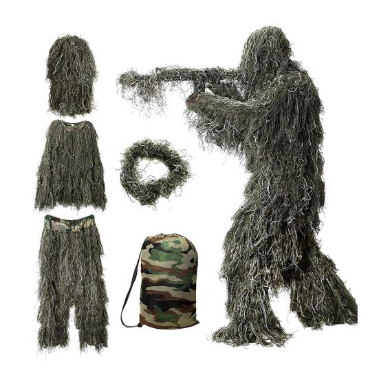 5 Teile/satz Ghillie Anzug mit Jacke Hosen Kapuze Girlande Tragen Tasche 3D Camouflage Jagd Bekleidung Jugend Erwachsene Woodland Kleidung