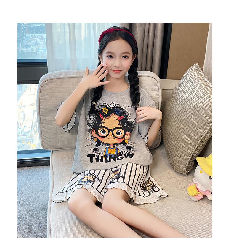 2026 New Summer Girls' Ultra-Thin Modal Pajamas Set: Short Sleeve Airy Comfort Suit for Medium and Large Kids