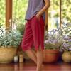 Women's Linen Blend Casual Capri Pants Elastic Waist Cropped Trousers with Side Buttons
