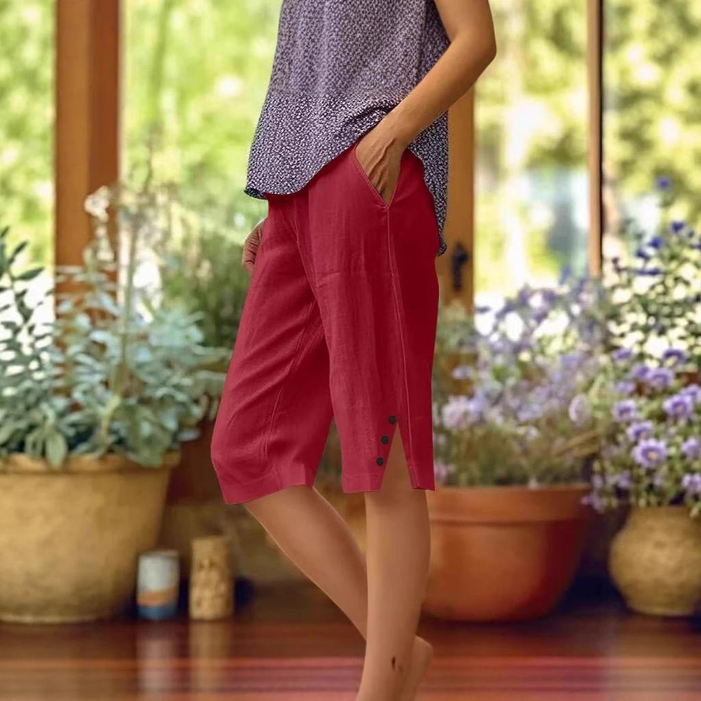 Women's Linen Blend Casual Capri Pants Elastic Waist Cropped Trousers with Side Buttons