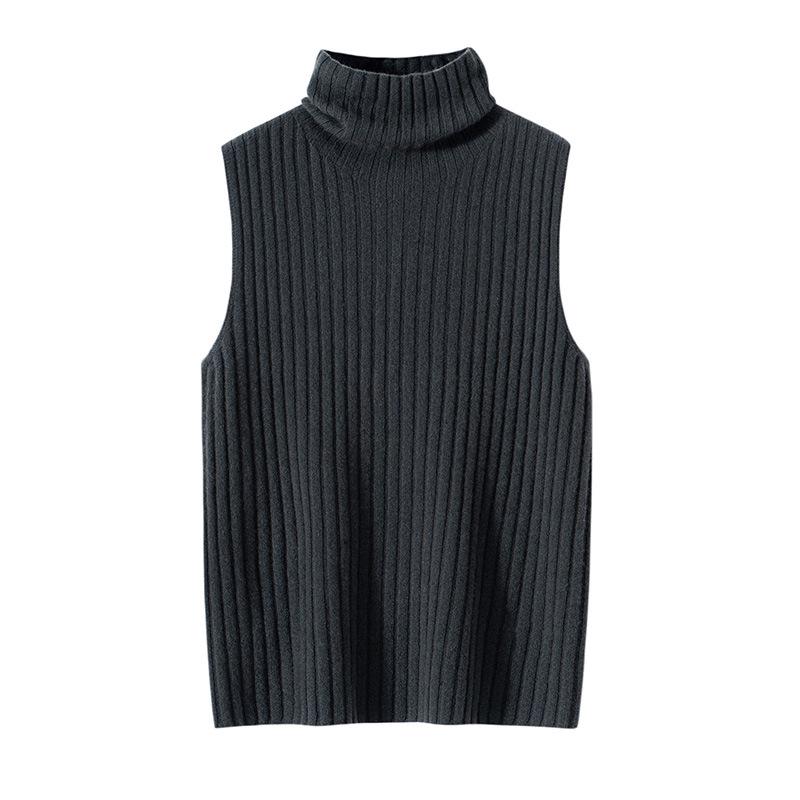 Women's 100% Pure Cashmere Striped Sleeveless Slim-Fit Turtleneck Vest