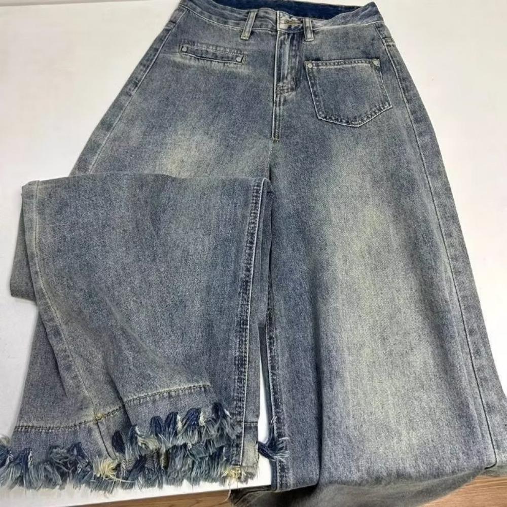 Spersonalizowane dżinsy z surowymi krawędziami z szerokimi nogawkami dla kobiet na wiosnę i jesień, nowe, z wysokim stanem i cienkie, o luźnym kroju, dżinsy mop