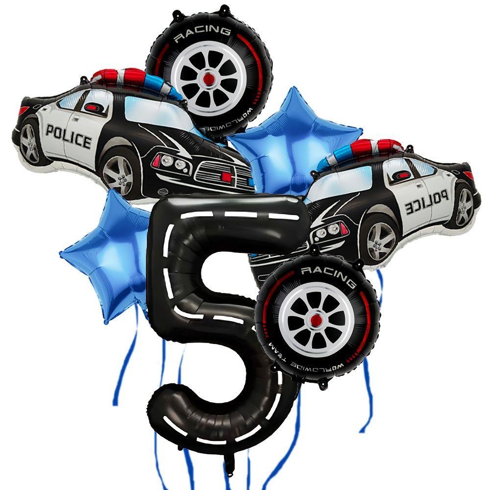 Police Car-themed Tire Digital Aluminum Film Balloon Set for Children's Birthday Party Racing Decoration