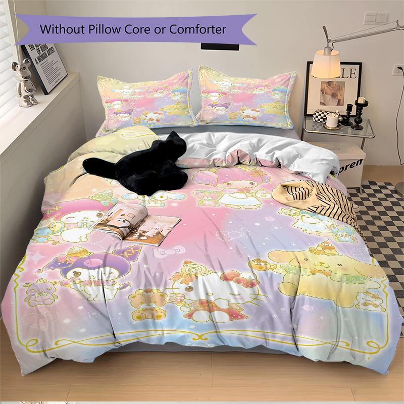 3pcs Joy and Happiness Sanrio Characters Quilt Cover Set - Soft & Comfortable Polyester Fabric, All-Season Breathable Comforter Set For 1 Quilt C
