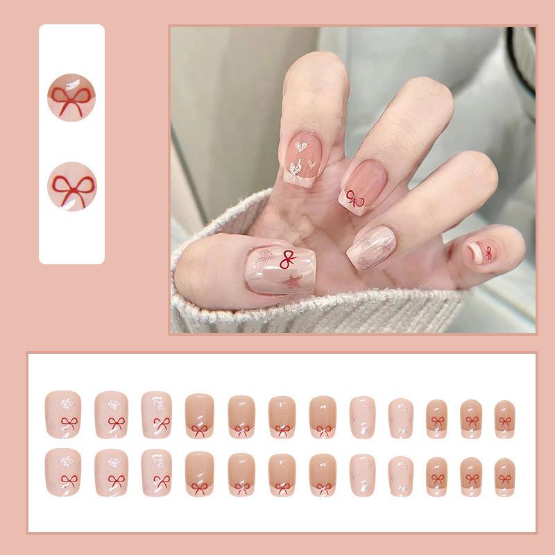 2025 Newest 24Pcs/Set Nail Art French Fake Nails Set With Glue Abs Plastic - Simple Short Nail Stickers