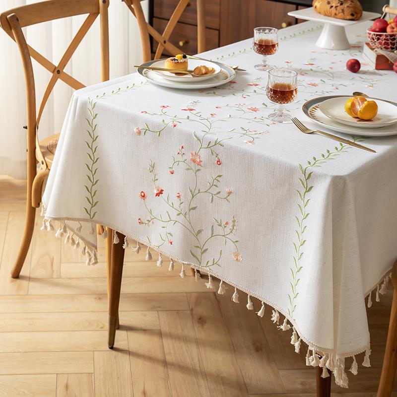 Embroidery High-Grade Waterproof Cotton And Linen Fabric Dining Table Cloth Rectangular Fringe Simple Tablecloth