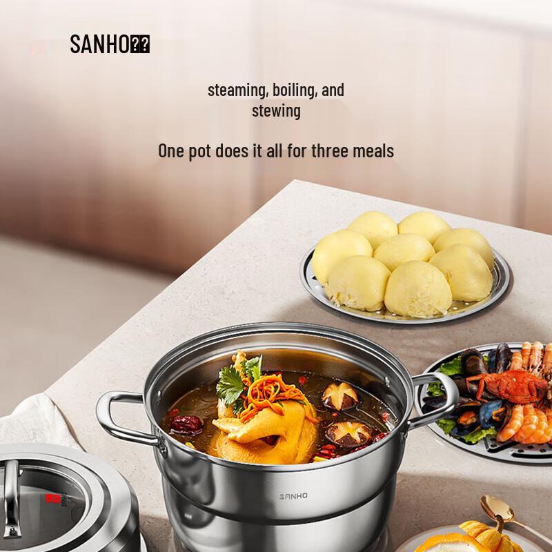 Sanhe 3-Lagen 304 Edelstahl Dampfgarer mit Sichtdeckel, 28cm