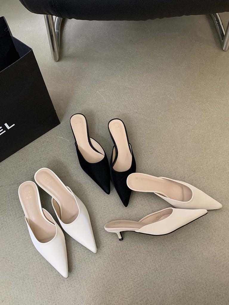 fashion Flock Women Slides Slippers Pointed Toe Outside Mules Shoes 2024 New Arrivals Fashion Dress Shoes Low Heeled Beige White Black