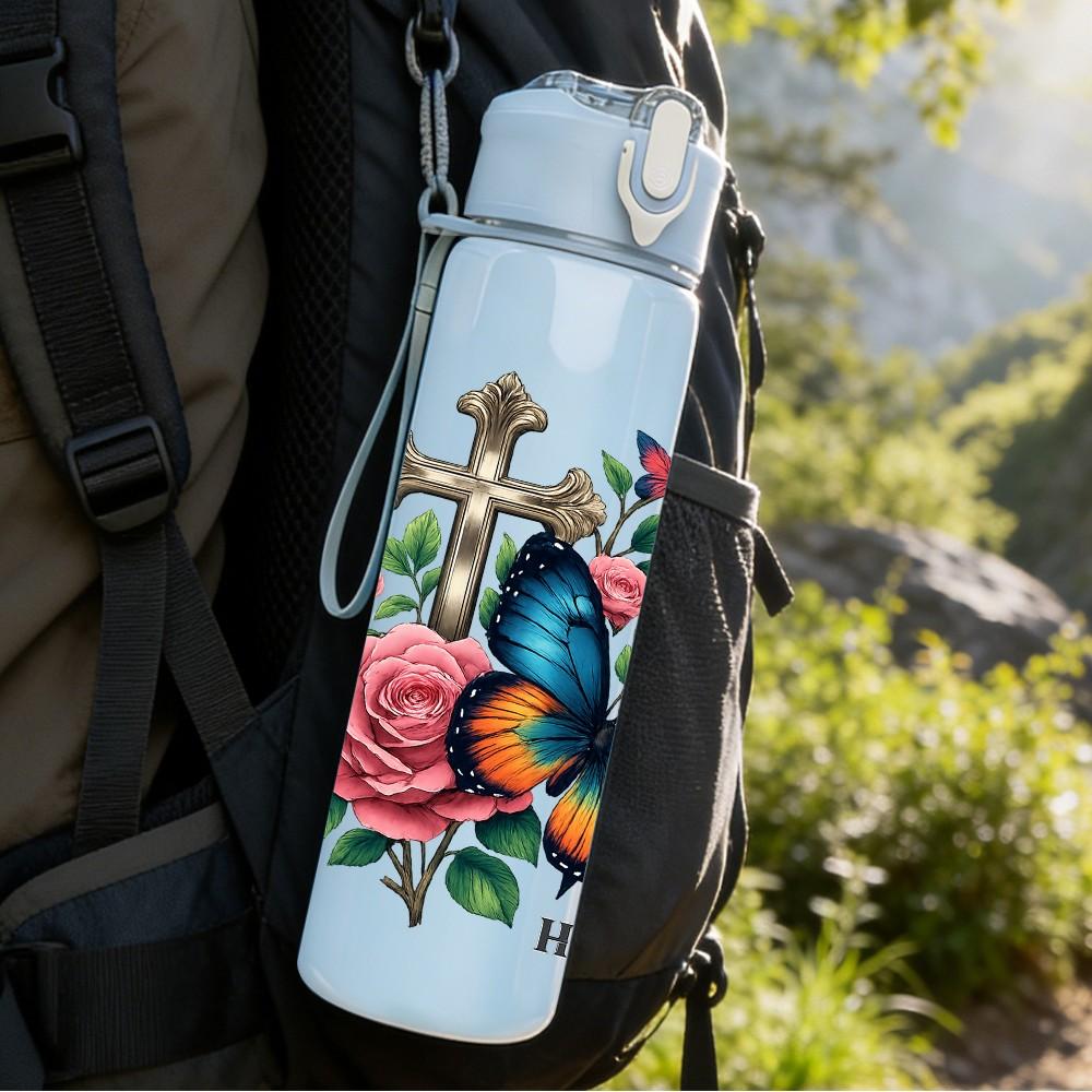 1PC Cross Rose Butterfly Faith Pattern 750ml Color Plastic Sports Water Bottle Leakproof Flip Straw Lid Suitable for Sports Office Home Use
