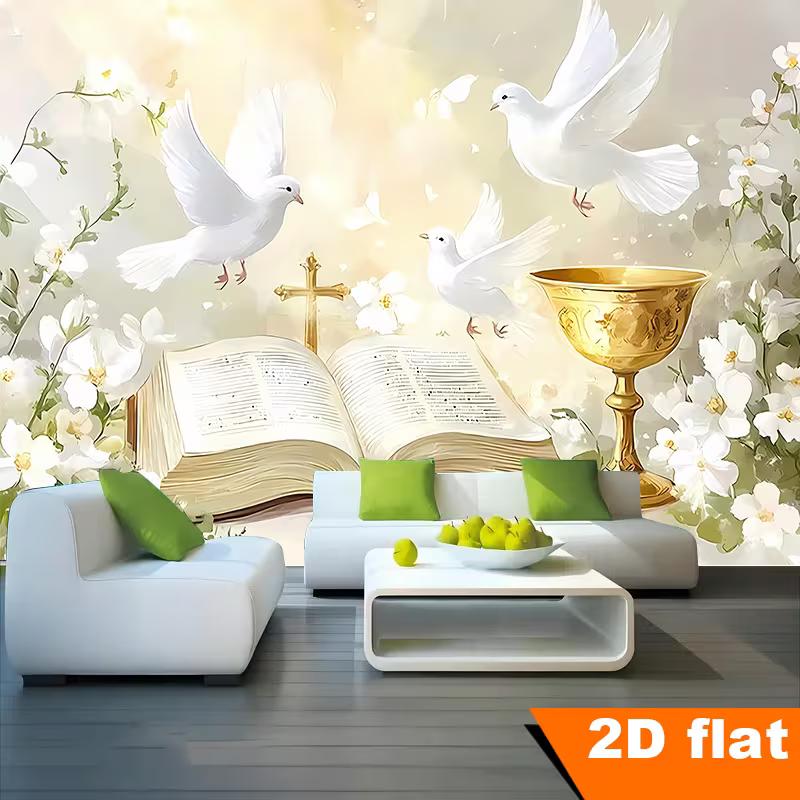 Christian Faith Backdrop, Bible, Chalice and Doves with White Flowers for Religious Ceremony Decor