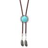 Men's Rodeos Western Leather Cord Bolo Tie Antique Floral Stone Jewelry Cowboy Necktie Necklace with Feathered Pendant