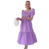 2024 Summer Women's Square Neck Puff Sleeve Polka Dot Cinched Waist Long Dress
