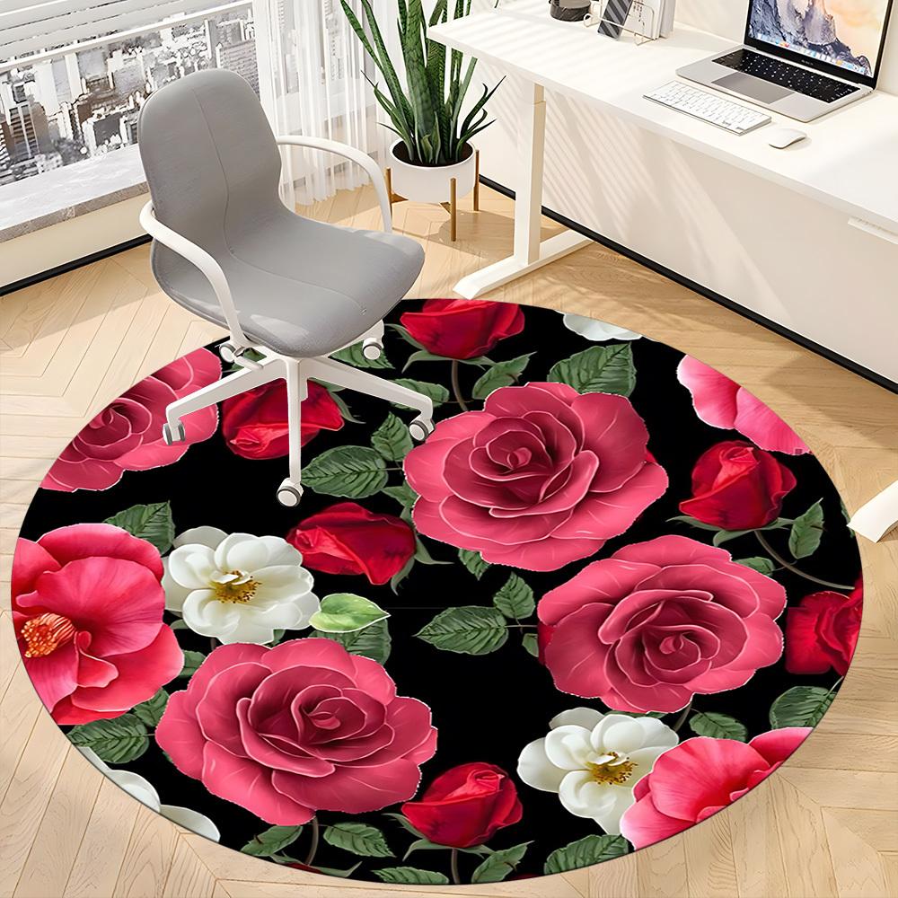 1pc Rose Floral Pattern Chair Carpet for Office, Round Non Slip Durable Large Size Office Carpet, Suitable for Office