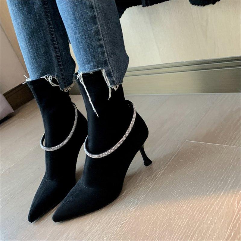 Beautiful CRY~! Huge and thin! Rhinestone buckle pointed head thin high heel short boots thin boots elastic Martin boots single boots