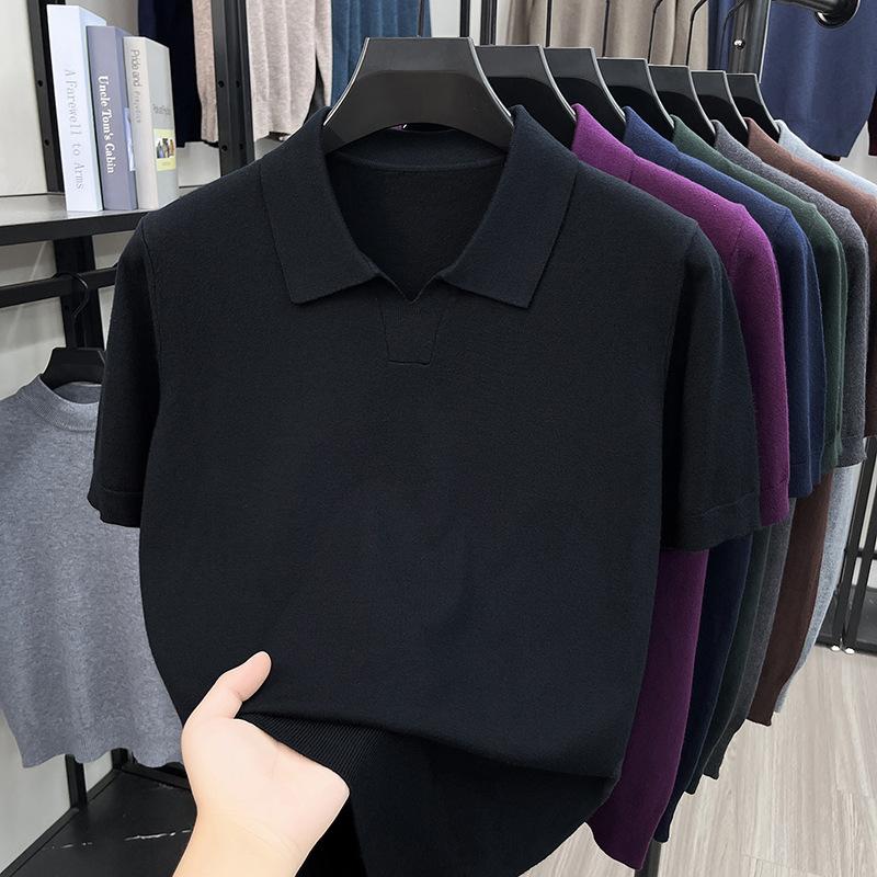 Men S Short Sleeve Turn Down Collar Knit Sweater Thin Casual Top M чёрный