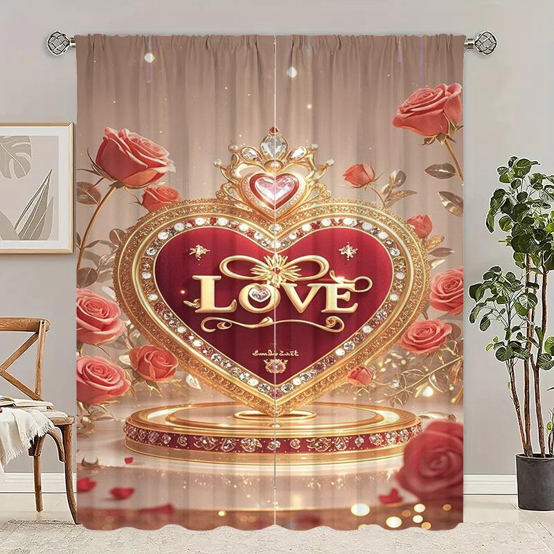 

2pcs- Valentine s Day LOVE- Printed curtain 100% polyester material, suitable for home decoration (excluding poles) 29Wx64L(75x166CM)x2