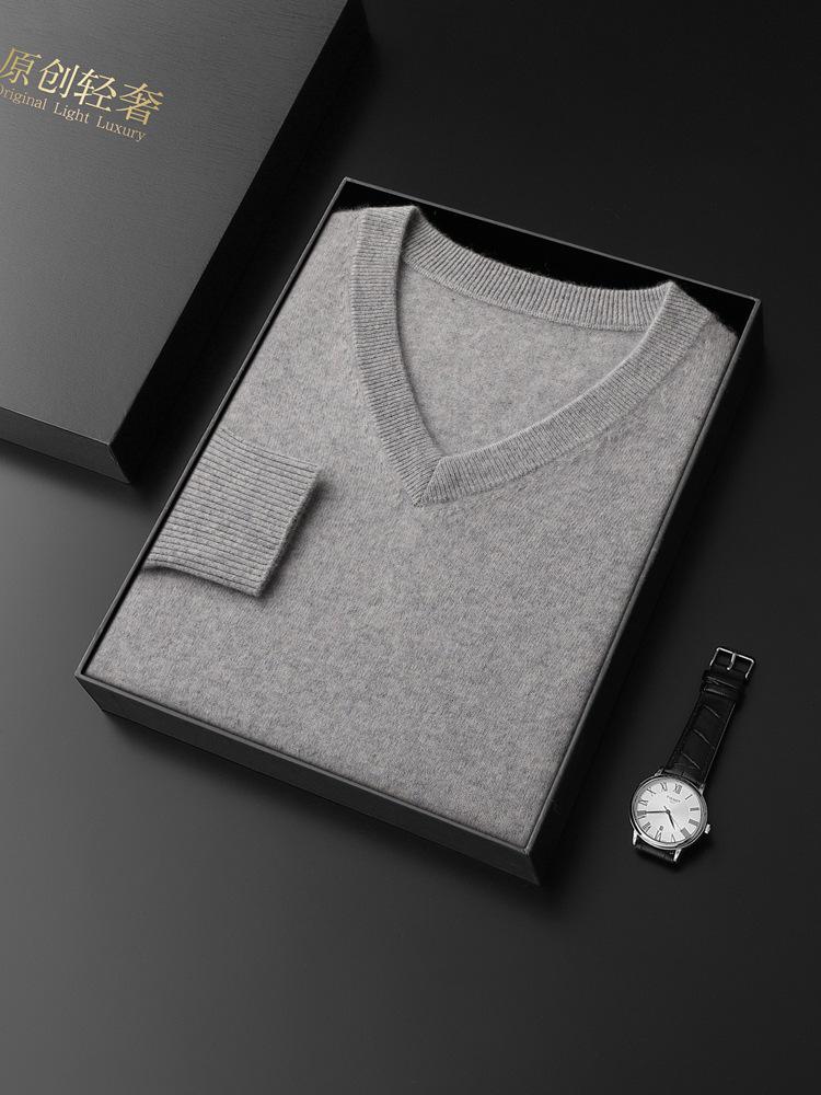 Men's V-Neck Cashmere Sweater, Plus Size, Long Sleeve, Solid Color, Wool Knit, 2023 Autumn/Winter Collection.