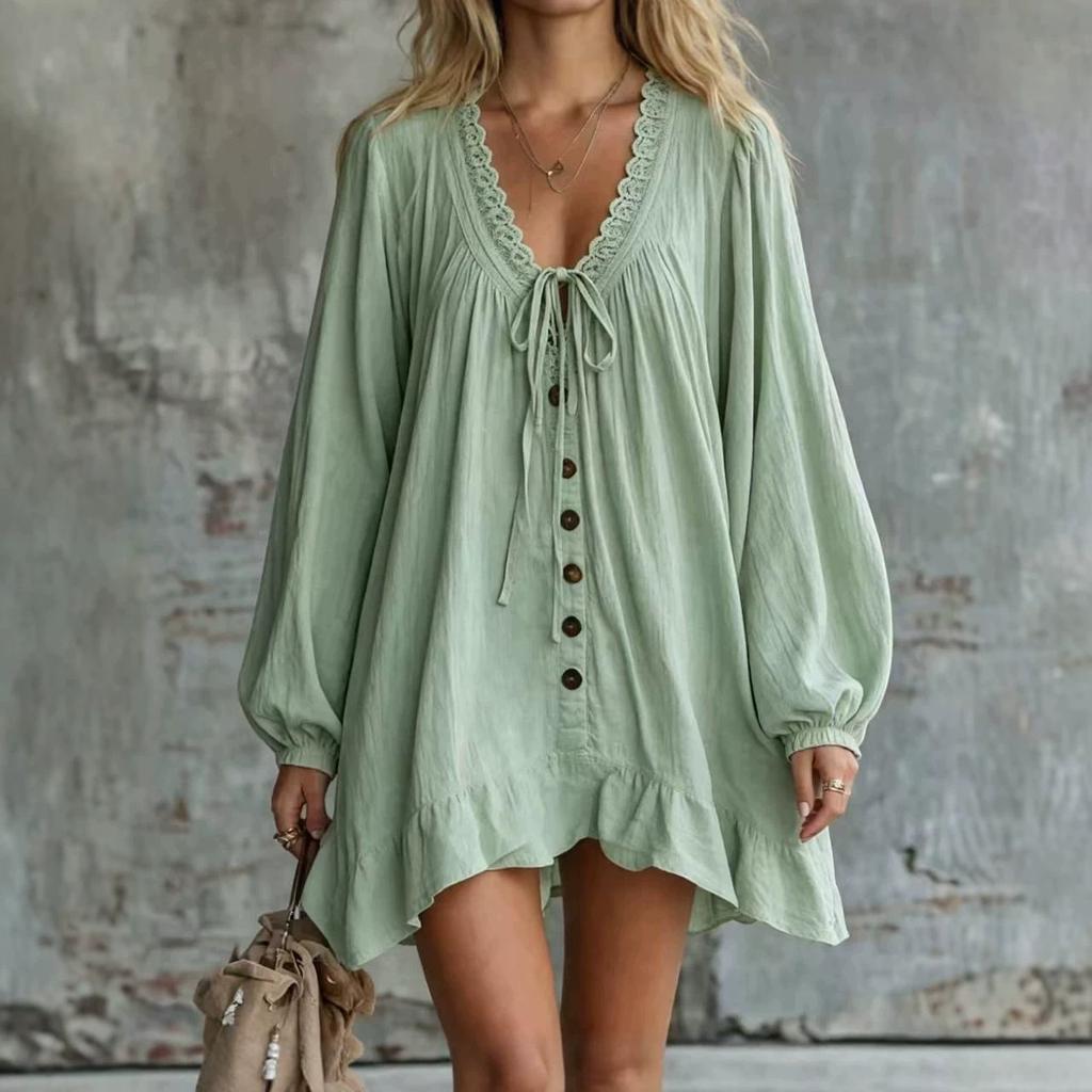 2026 Retro Lace V-neck Dress Cotton and Linen Loose Long-sleeved Ruffle Edge Short Mini-skirt