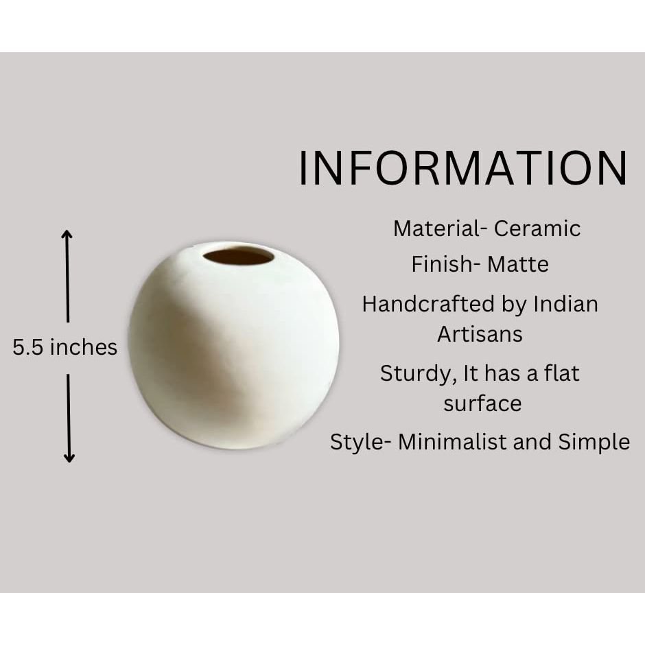 Keramik Runde Vase | Blumenvase | Keramikvase | Rund Geformte Vase | Moderne Vase | Heimdeko Mittelstück | Deko-Element 5,5 Zoll (Weiß)