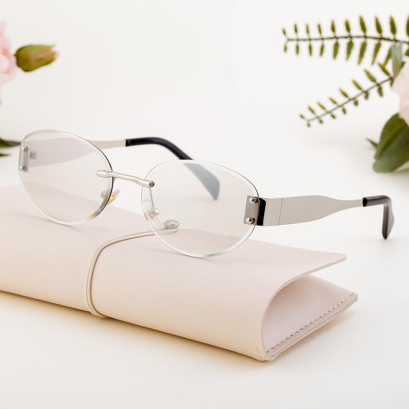 Oval Rimless Sunglasses Women'S High-End Trend Diamond Trimmed Sunglasses Sunshade Large-Frame Glasses