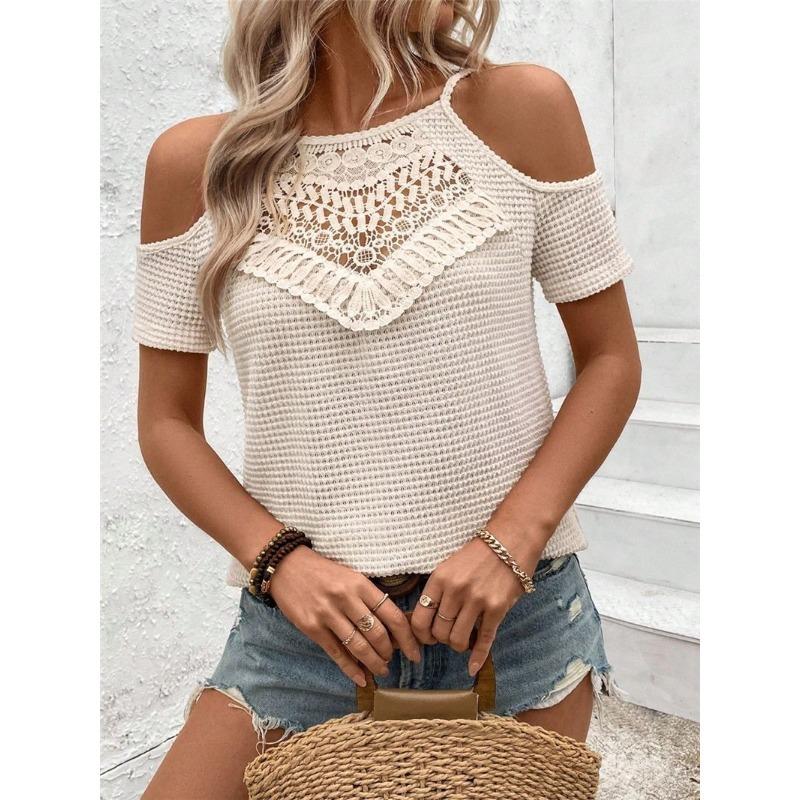 Summer New Women's Lace Splicing Design Knitted Suspender Off-shoulder T-shirt Top