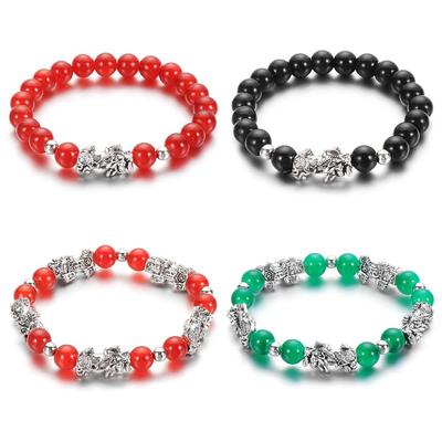 Women Buddhism Bead Black Good Luck Cuff Bangle Bracelet Feng Shui Silver PiXiu Obsidian Wristband