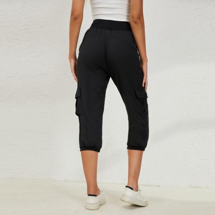 Women's Casual Loose Cotton Linen Yoga Jogger Pants 3/4 Solid With Pockets And Elastic Waist