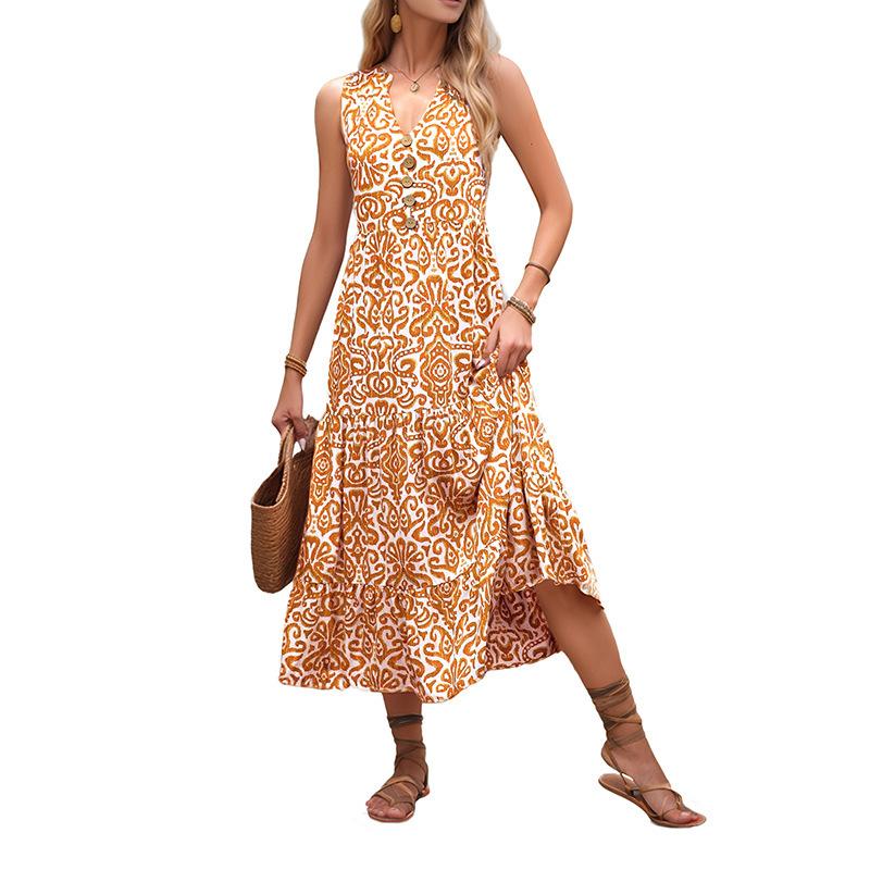 European and American summer new hot-selling sweet vacation style sleeveless v-neck abstract printing medium and long dress