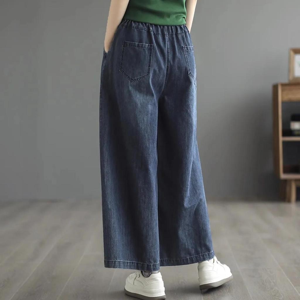 Jeans Oversize a Gamba Larga da Donna Casual Lavaggio Denim Pantaloni Vintage Larghi Elastici a Vita Alta Dritti Pantaloni Jeans Moda