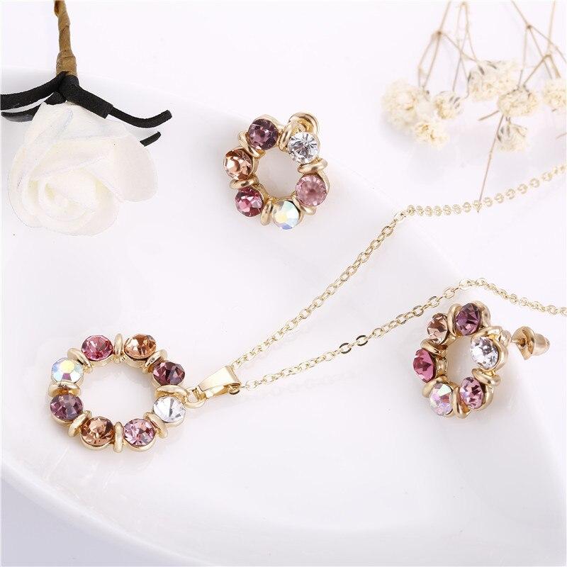 3pcs Necklace Earrings Set Ladies Celebrity Simple Fashion Style Exquisite Stained Glass Diamond Circle Shape Jewelry