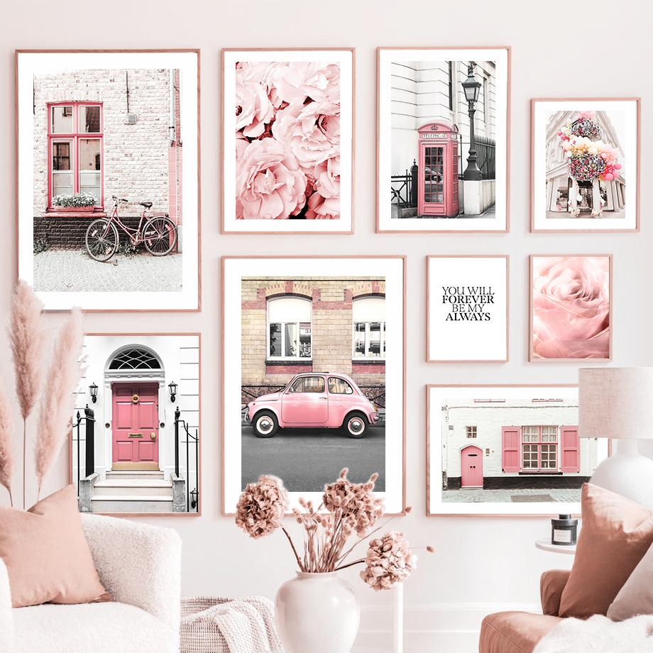 

Парижская архитектура, розовый автомобиль, цветок пиона, настенная живопись на холсте, винтажные постеры и принты, настенные панно для декора гостиной