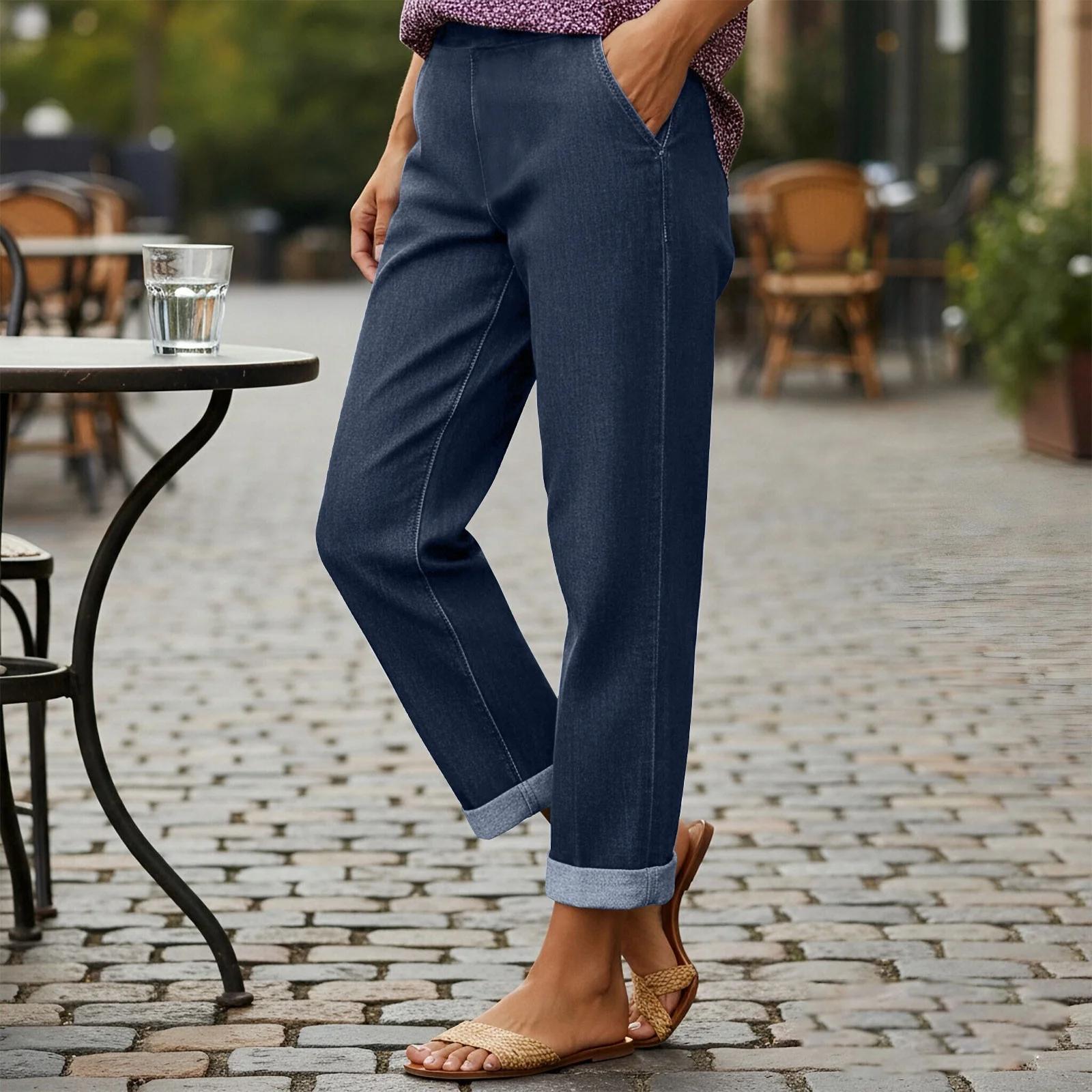 

Women s Fashion -Colour Denim-Look Straight-Leg Relaxed-Fit Trousers With Elasticated Waist L синій