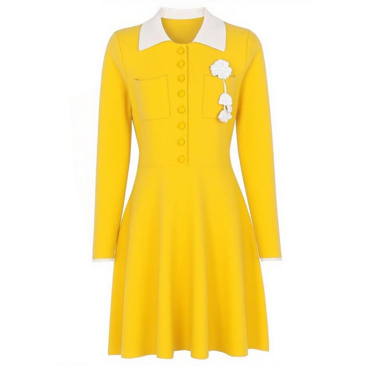 Quality in-stock autumn new 3D floral long-sleeve high-stretch knit versatile slimming dress 25180 S жёлтый