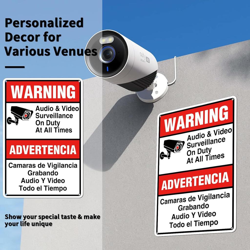 Señal de vigilancia de audio y video de advertencia - 7.8" x 11.9" - Señal de aluminio resistente, videovigilancia en inglés y español (151)