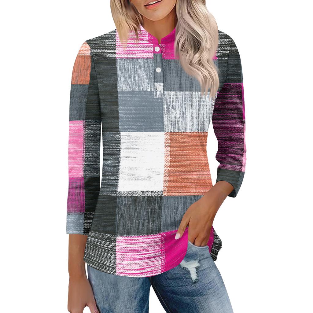 Women's Casual Loose Fit Polo Collar Shirt Three Quarter Sleeve Button Down Plaid Pattern Top for Everyday Wear
