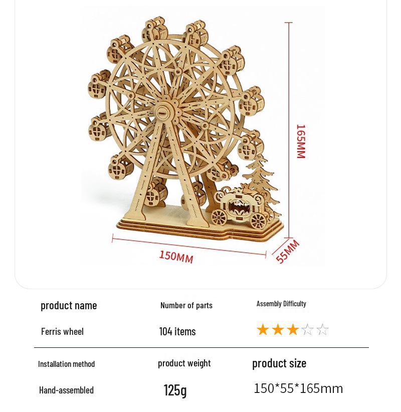3D Wooden Puzzle: DIY Train, Carousel, Ferris Wheel, Pumpkin Carriage & Sailing Ship Models