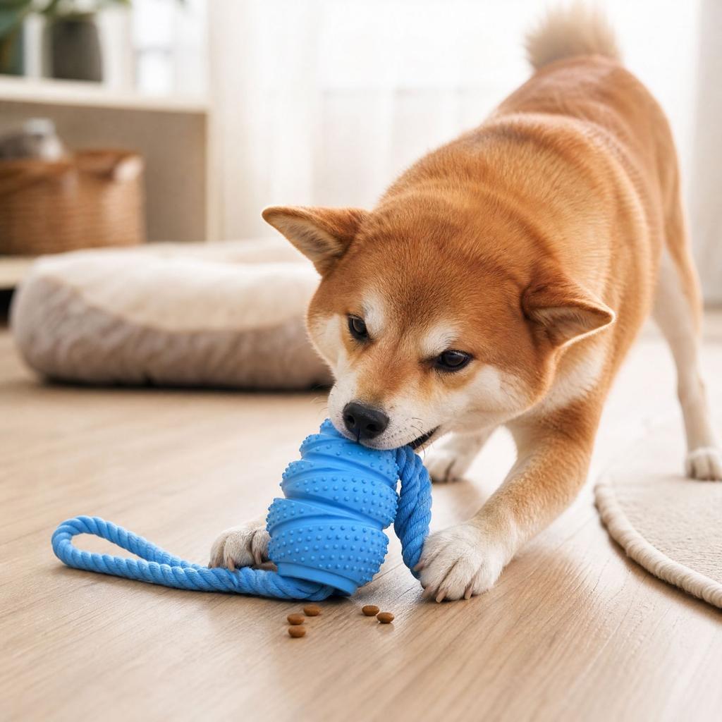 Bumpy Rubber Dog Toy with Rope, Dispensing Puzzle Slow Feeder for Small Dogs,