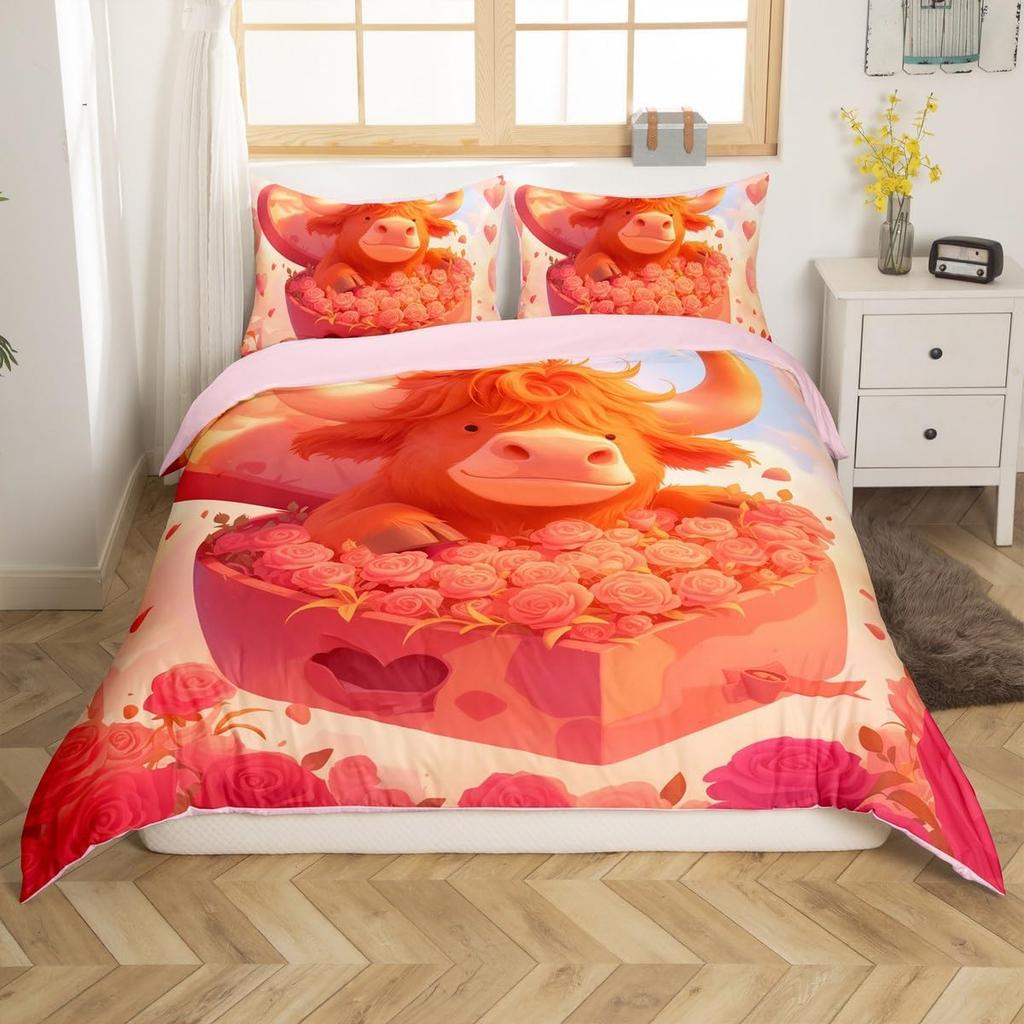 Cartoon Penguin Bedding Set Romantic Balloon Valentine's Day Comforter Cover Groovy Roses Flower Duvet Cover for Couple Lovers