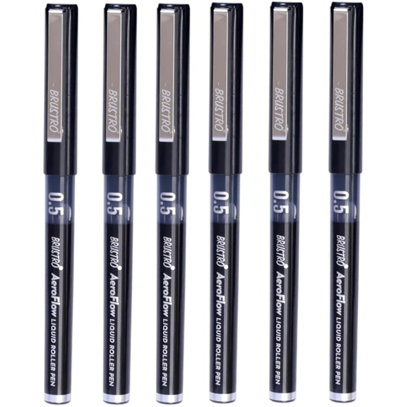 Brustro Aeroflow Liquid Ink Rollerball Pens | Black | 0.5Mm, Micro Tip | Pack Of 6 | Ideal For Students, Professionals,