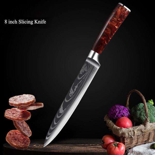7CR17 Red Resin 8 Inch Japanese Style Kitchen Knife Meat Cutting Knife Material Blue Handle Cuisine