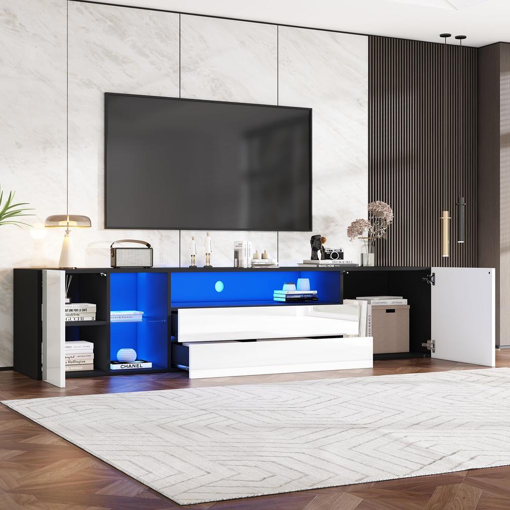 TV-Schrank LED, Hochglanz 2 Türen 2 Schubladen, TV-ständer Fernseher bis zu 75 Zoll, TV Lowboard Wohnzimmer, Esszimmer, 180cm, Schwarz & Weiß