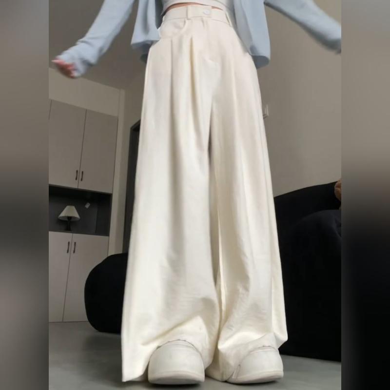 White Wide-Leg Pants for Women - Summer Drapey High-Waisted Loose Slimming Tailored Trousers