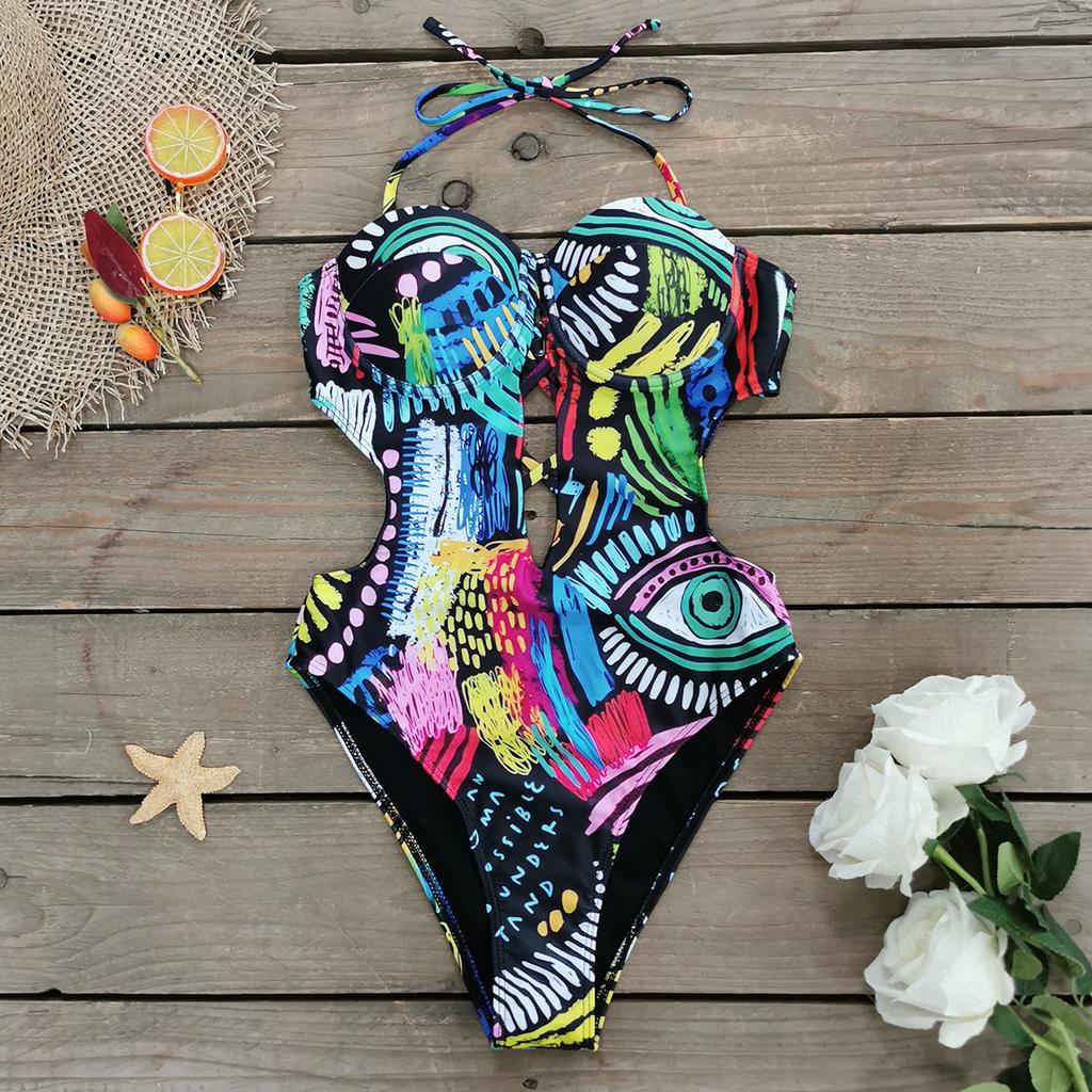 New Sexy One Piece Swimsuit Women Swimwear Cut Out Bathing Suit Summer Push Up Monokini Print Swim Suit  Beach Wear Female