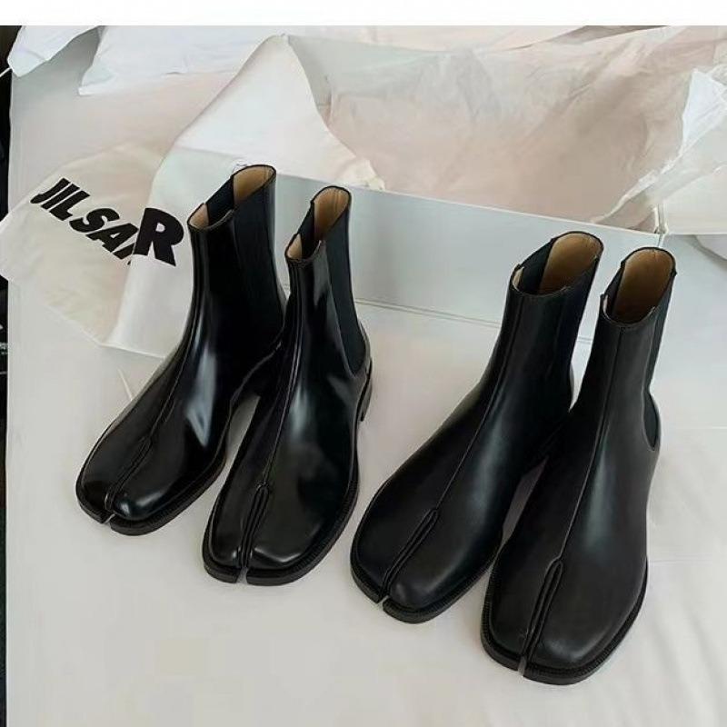 Cowhide niche pig's trotters boots medium tube elastic toe Chelsea boots women's British split-toe short boots