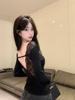 Black Lace V-Neck Long Sleeve Open-Back Slim-Fit Women's Top