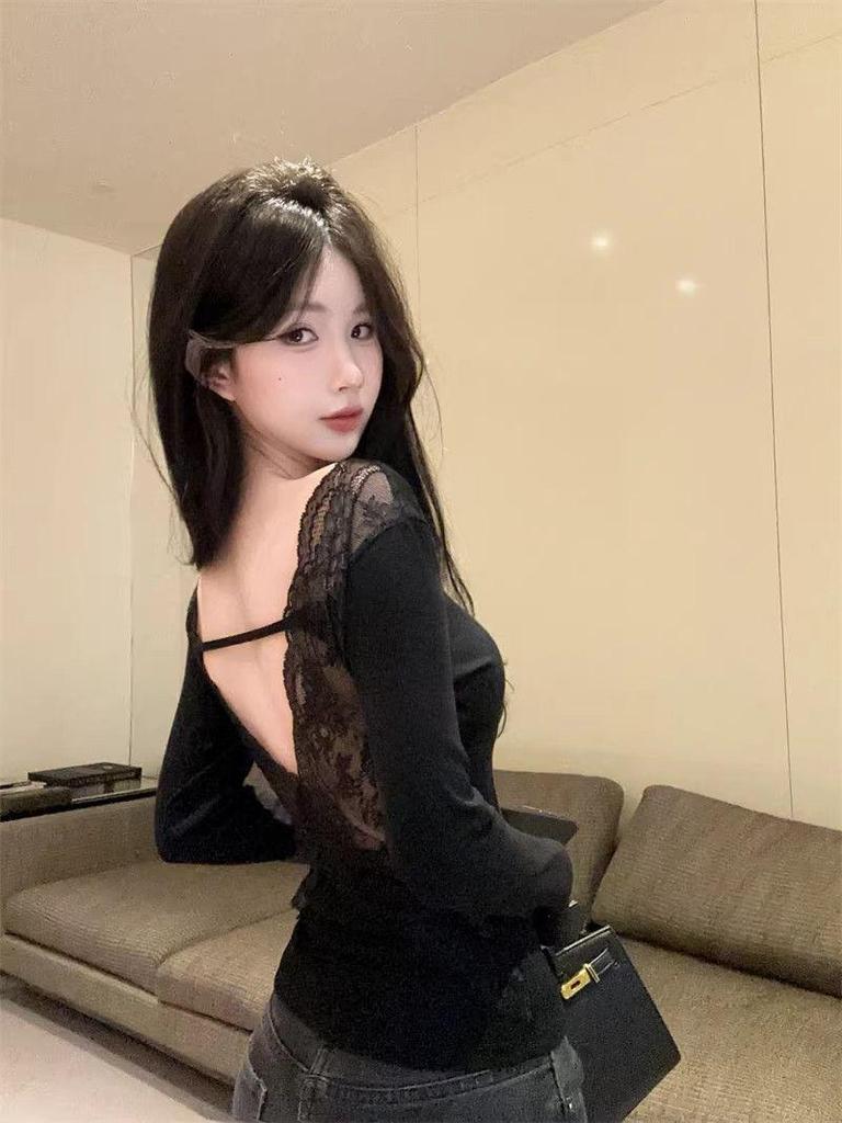 Black Lace V-Neck Long Sleeve Open-Back Slim-Fit Women's Top
