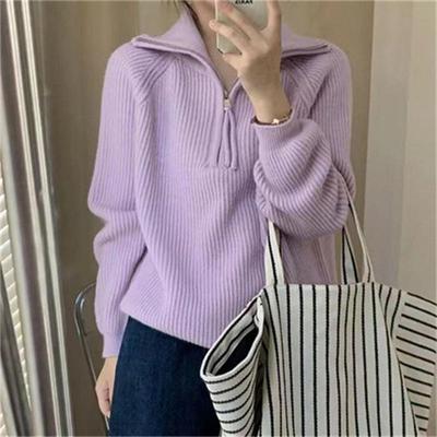 2024 Autumn/Winter Women's Zipper Pullover: Stand-Up Collar, Ribbed, Loose Knit Sweater