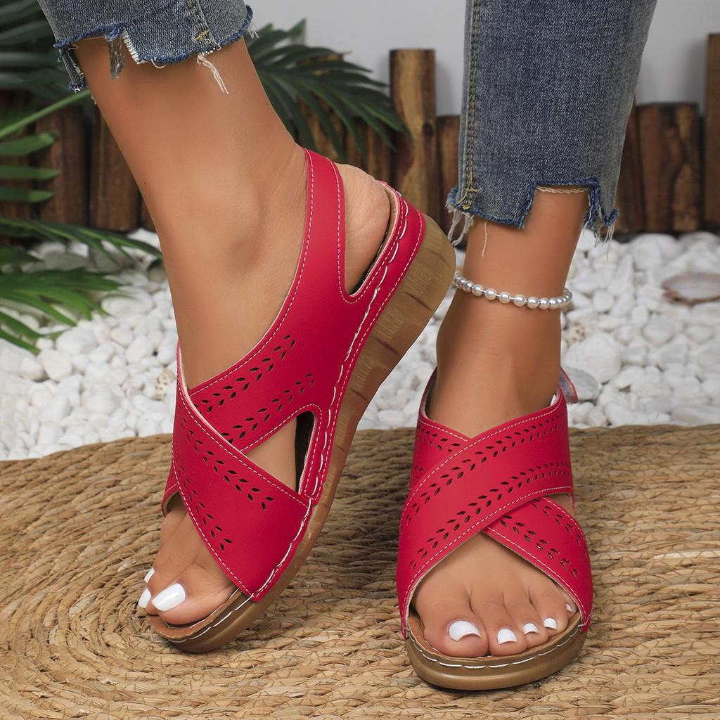 Summer new slope heel thick sole large size hollow light soft sole Velcro sandals women